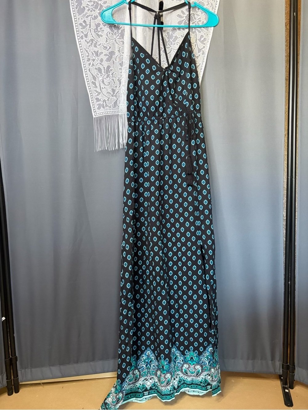 Xhilaration Black Teal Medallion Print Maxi Dress Strappy Back Border Hem Size S